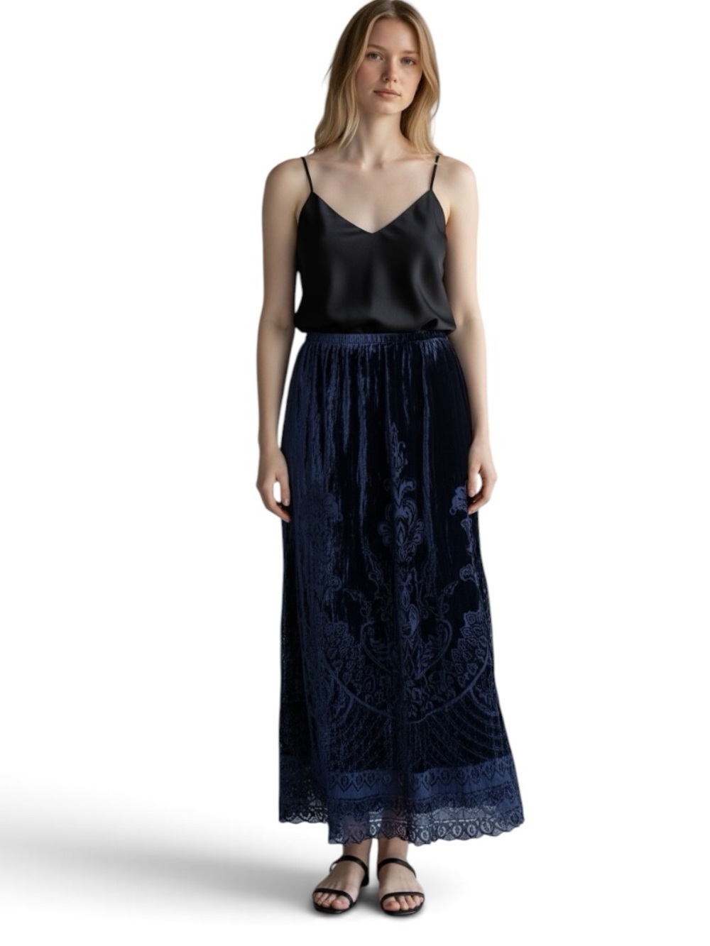 Chico's Navy Blue Silk Blend Crushed Velvet Burnout‎ Maxi Skirt Size 1 = Medium